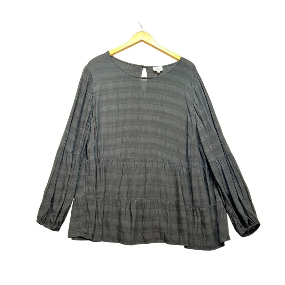 Ava James Women Tiered Babydoll Blouse Size 2X Black Textured Long Sleeve Casual